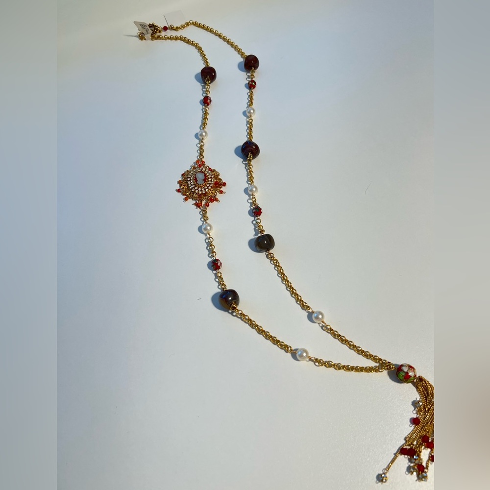 Candice Marks Jewelry 21.5” length Gold Orange Red Vintage Rosary Style Necklace
